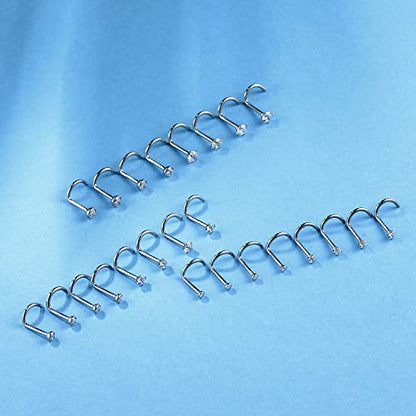 8PCS G23 Titanium Twist Screw Nose Studs 18G 20G Nose Rings 2mm 2.5mm 3mm Clear Pink Purple Aurora CZ Gold Nose Piercing Studs Nostril for Women Men - style: 18g silver clear cz 2.5mm