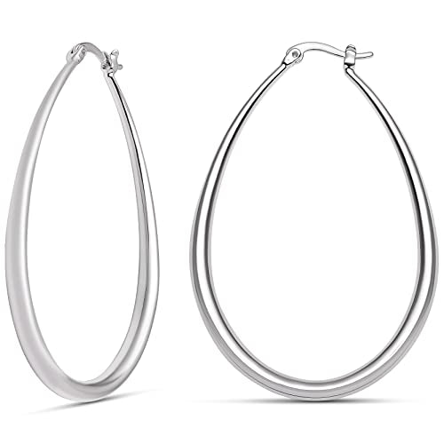 Milla Oval Hoop Earrings for Women | Elegant Polished 14K Gold, Rose Gold or Silver Plated Hoops with Secure Latch Closure, Hypoallergenic & Lightweight - color: Sterling Silver Plated / 2.2 in - MEDIUM