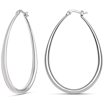 Milla Oval Hoop Earrings for Women | Elegant Polished 14K Gold, Rose Gold or Silver Plated Hoops with Secure Latch Closure, Hypoallergenic & Lightweight - color: Sterling Silver Plated / 2.2 in - MEDIUM