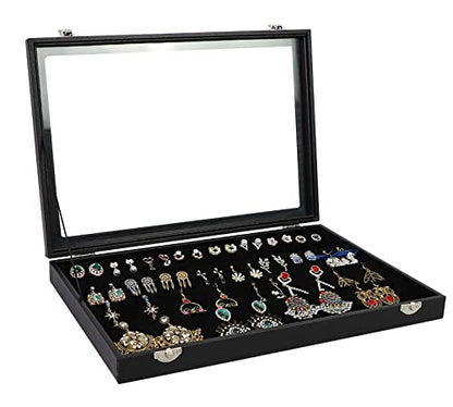 Wudygirl Earring Organizer Leather Jewelry Tray with Lid 13.7"x9.4" Black | 32 Pairs Jewelry Organizer with Velvet Liner, Ideal for Jewelry Storage, Dresser Drawer or Gift, Dustproof Design - style: Earrings Tray