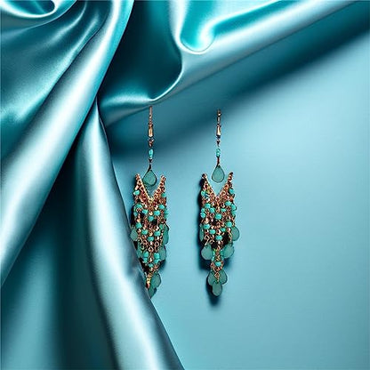 Essencedelight Crystal Beaded Tassel Earring Long Beaded Dangle Earring Fringe Hook Earring for Women Bridal Wedding - color: blue 2