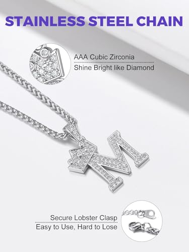 Richsteel Silver Crown Initial A-Z Letter Pendant Necklace for Men Women | Cubic Zirconia Monogram, 316L Steel Chain, 22" + 2" Extender,Hypoallergenic,Gift Box, Hip Hop Jewelry - style: M