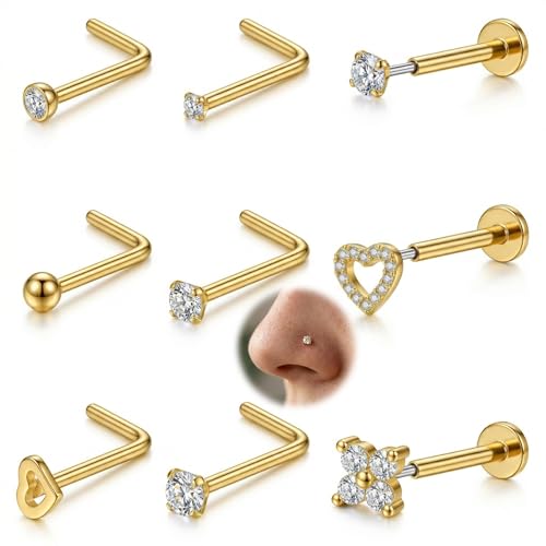 AceFun L Shape Nose Stud Flat Back 18G Threadless Gold Nose Stud for Women Men 316L Stainless Steel CZ Diamond Heart Ball Helix Tragus Piercing Jewelry Nostril Studs 9 Pieces Set - color: Nose Stud Flat Back-9 Pieces-Gold