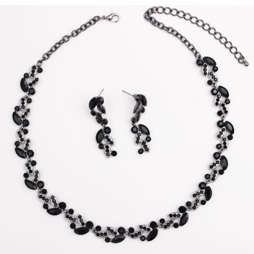 QLLYHLH Woman’s Brides Bridesmaid Leaf Choker Necklace Dangle Earrings Link Bracelet Austrian Crystal Wedding Jewelry Set Prom Costume Party Events | Brides, Bridesmaid, Prom, Events, Costume Party, Leaf - color: Black-Gun Plated