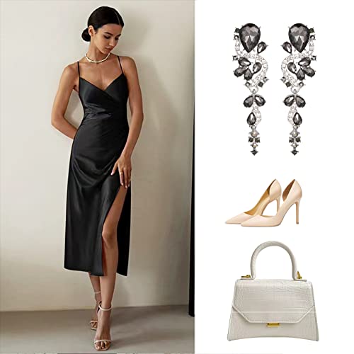Fashion Rhinestone Statement Drop Dangle Earrings Long Colorful Crystal Bridal Wedding Teardrop Chandelier Earrings for Women Prom Pageant - color: Grey
