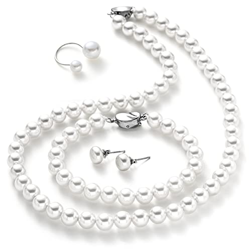 Pearl Jewelry Set for Women, Complete Set Includes Necklace, Bracelet, Earrings - Fashion Pearl Jewelry with Box for Wife, Mom, Sister, Bride, Bridesmaid - style: Complete Pearl Jewelry_4 Set