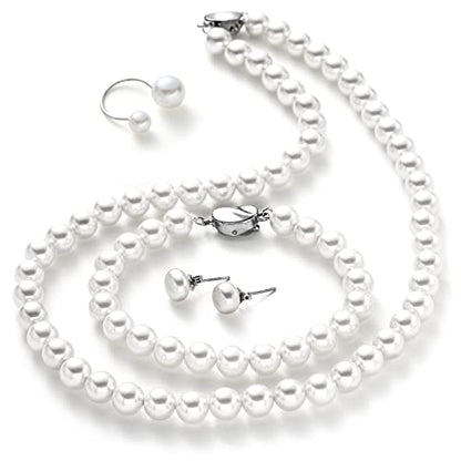 Pearl Jewelry Set for Women, Complete Set Includes Necklace, Bracelet, Earrings - Fashion Pearl Jewelry with Box for Wife, Mom, Sister, Bride, Bridesmaid - style: Complete Pearl Jewelry_4 Set