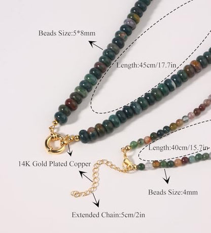 CASDAN 2Pcs Natural Gemstone Beaded Choker Necklaces for Women | Boho Colorful Beads Choker,Natural Stone Surfer Beach Necklaces,Handmade Summer Jewelry,Charm Trendy Necklaces - color: Greyish green