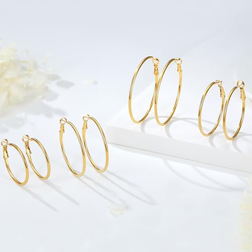 4 Pairs Silver Gold Hoop Earrings for Women | 14K Gold Plated Hoop Earrings Set Hypoallergenic Earring Lightweight Dangle Earrings Set - color: 4 Pairs Gold-30/40/50/60mm