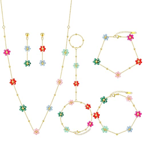 NEWITIN 4 Pieces Flower Jewelry Set for Women Fashion Costume Jewels Pink Flower Dangle Earrings Necklace Floral Beads Bracelet Gold Jewelry Set for Women - color: Colorful Flower Jewelry Set
