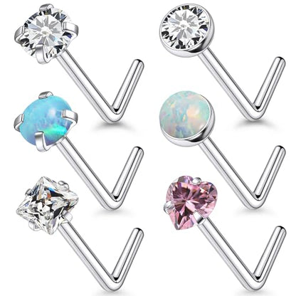 6 Pcs 18G 20G Surgical Steel Nose Rings Studs for Women Opal Nose Rings Diamond CZ Nose Studs L Shaped Nose Nostril Piercing Jewelry Hypoallergenic - style: 20G,L Shaped