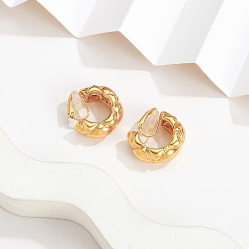 WOWORAMA Chunky Gold Hoop Clip On Earrings for Women | Large Chunky Hoops Clips Earrings, Polished Gold-Plated Clip-On Hoops, Statement Non Pierced Jewelry - color: 25mm Wide Hoops