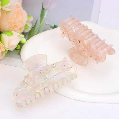 2 Pack Hair Claw Clips, White Pink Rhinestone Floral Large Shark Clips for Thick Hair Women Hair Accessories - color: White and Pink -1
