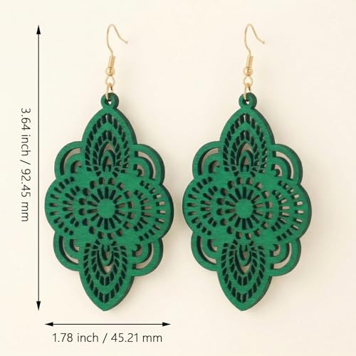 Boho Black Filigree Dangle Earrings for Women, Lightweight Hollow Lace Drop, Wood, 3.34" x 1.69", Bohemian Jewelry - color: Green