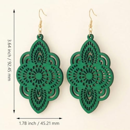 Boho Black Filigree Dangle Earrings for Women, Lightweight Hollow Lace Drop, Wood, 3.34" x 1.69", Bohemian Jewelry - color: Green