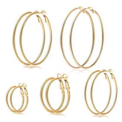 Senteria Large Gold Plated Hoop Earrings for Women Lightweight 316L Stainless Steel Hoop Earrings Set Hypoallergenic Thin Gold Plated Hoop Earrings for Women (30/40/50/60/70MM) 5 Pairs - color: 5pairs(30/40/50/60/70mm)-gold