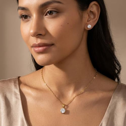 14K Gold Plated Crystal Jewelry set Cubic Zirconia Dainty Choker Necklace Earrings Stud Gold Necklaces for Women - color: Round CZ