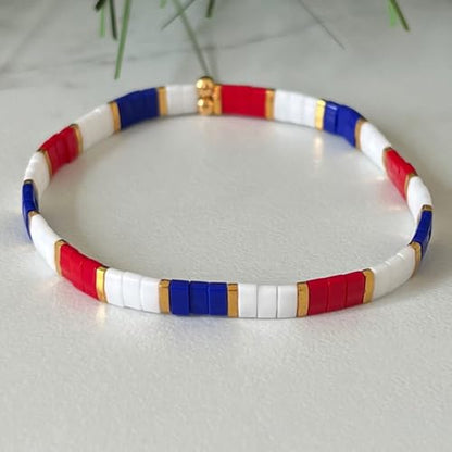 Candy Colorful Tila Flat Beads Bracelets for Women Trendy Unique Friendship Handmade Stackable Christmas Jewelry Gifts - color: red white blue