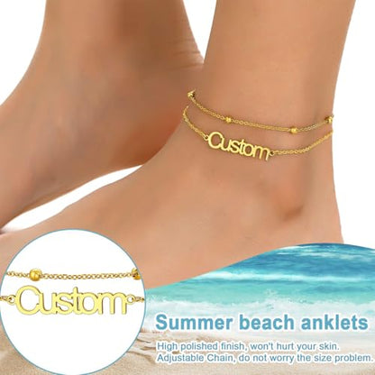 U7 Custom Layered Ankle Bracelets for Women Stainless Steel Bead/Cuban/Figaro/Rope/Wheat Chain Anklet Waterproof Anklet Jewelry for Beach Vacation - color: a-Gold Plated-Bead Chain