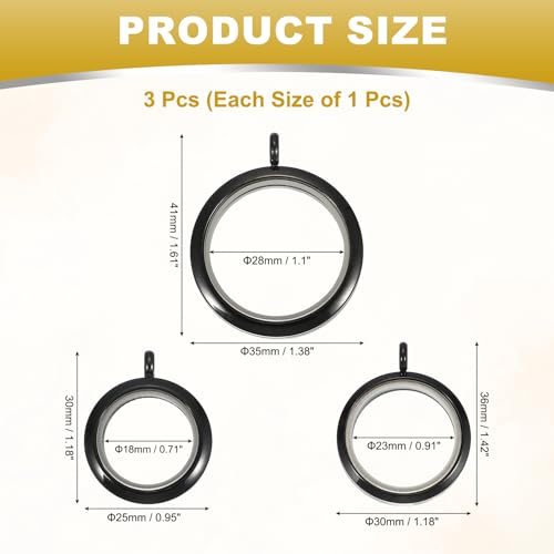MECCANIXITY Living Memory Locket Charm, Round Floating Locket Pendants Stainless Steel Clear Glass Photo Charm - color: Black, size: 18/23/28 mm