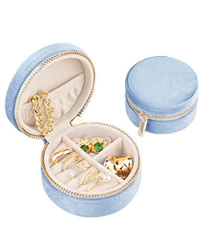 TAIMY Plush Velvet Travel Jewelry Box, Round Mini Travel Jewelry Case for Women Girls, Portable Mini Jewelry Travel Organizer Boxes for Rings Earrings Necklaces Bracelets(Ocean Blue) - color: Round-Ocean Blue
