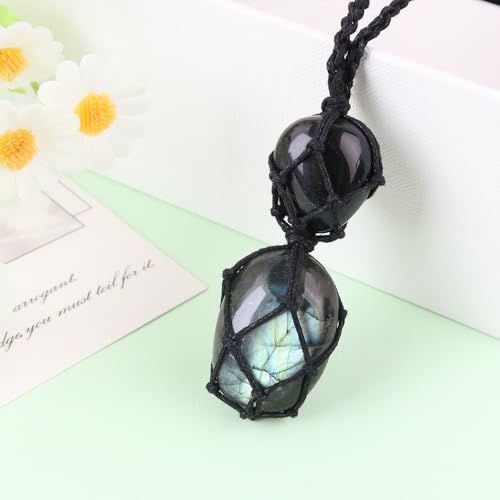 Anjiucc Handmade Crystal Cage Holder with Raw Gemstone Pendant Necklace Natural Stone Healing Crystal Necklace Adjustable Length - color: Labradorite+Black Obsidian