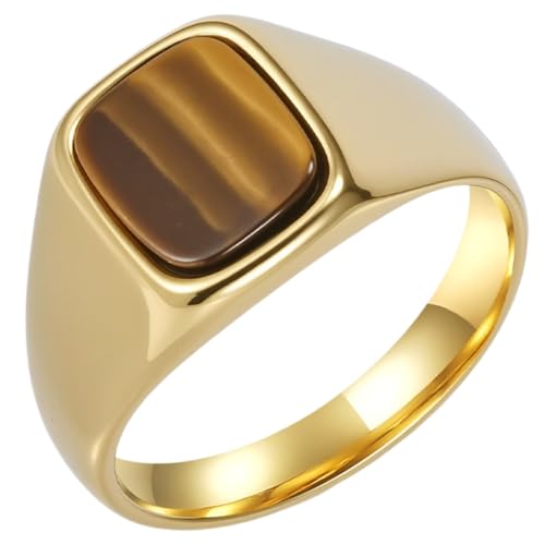PAMTIER Men's Stainless Steel Gemstone Polished Signet Rings Classic Minimalist Square Cabochon Statement Band Jewelry Gift - color: Gold Yellowish-Brown
