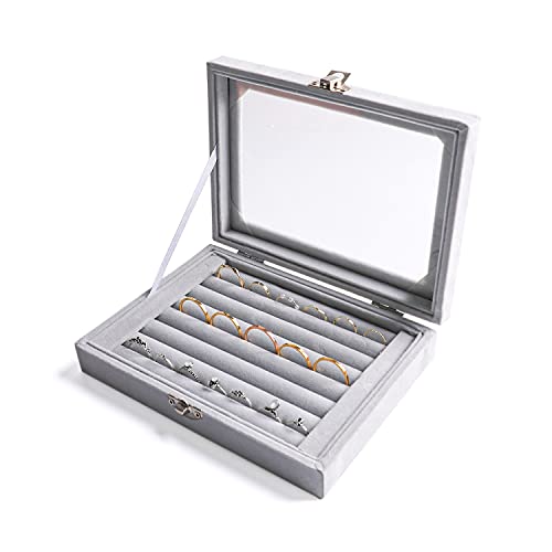 Tiny Velvet Ring Organizer Tray, 7 Slots Ring Jewelry Storage | Ring Storage,Ring Holder For Women,Ring Display,Ring Storage With Velvet Lining,With Clear Lid,Drawer Insert Jewelry Storage - color: Grey, size: 7 Slots
