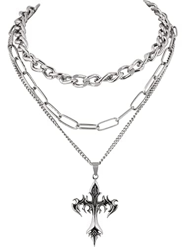 Sacina Gothic Layered Cross Choker Necklace, Goth Emo Grunge Necklace, Goth Jewelry, Halloween Christmas Jewelry Gift - color: Silver