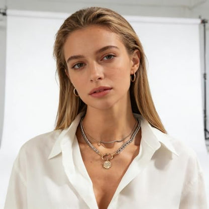 Gold Layered Necklace for Women Chunky Stacked Chain Link Paperclip Evil Eye Necklace Trendy Punk Jewelry - color: Silver A