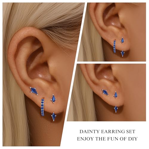 3 Pairs Stackable Kite Stud Earrings Set for Women Trendy | Dainty Birthstone Stud Gold & 925 Sterling Silver Huggie Hoop Jacket Stack Earrings for Women 2026 - color: Silver-Blue Sapphire