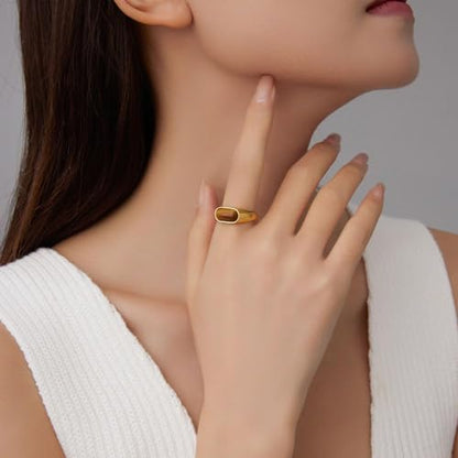 MYNENEY Signet Mens Pinky Rings Statement Wedding for Women - color: Brown stone-Gold
