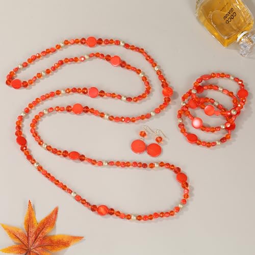 Trendy Infinity Wrap 60’’ Long Statement Necklace, Earrings and Bracelet Set - Hand Knotted Versatile Crystal and Shell Beads Strand Necklace and Chunky Beaded Stretch Bracelet Stack – Jewelry Set Gift for Women - color: Orange