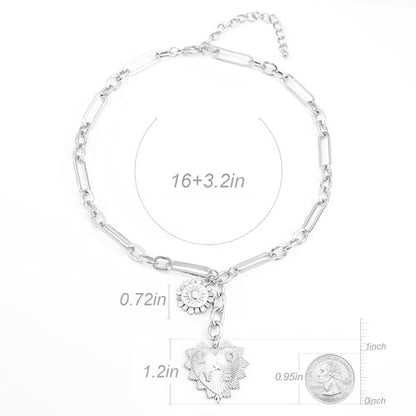 ORIGENCE Sun Heart Necklace for Women 18K Gold Plated Heart Pendant Necklace Chunky Chain Choker Necklaces Hip Hop Charm Necklaces Trendy Unisex Jewelry - style: HCharm-Silver