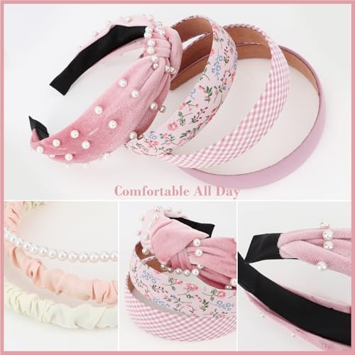 7 Pack Pink Headband for Women Girls Cute Headbands for Women Non Slip Pearl Beads Knotted Pink Head Bands Cute Accessories - color: Pink