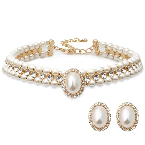 S SUSANN Costume Layered Twisted Gold Pearl Necklace Choker Chunky Glass Statement Pearl Necklace and Earring set, good gift for women Faux pearl necklace set - style: white rhinestones short choker