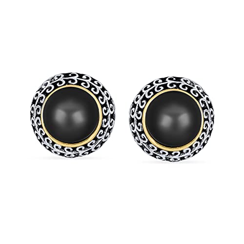 Bali Style Button Style Faux White Pearl, Black, Turquoise Clip On Earrings - color: Black