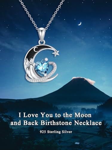 I Love You to the Moon and Back Necklace 925 Sterling Silver Black Crescent Moon Star Pendant with Heart Birthstone Necklace Anniversary Gothic Jewelry Gifts for Women Wife Lovers - color: 12-Dec-Topaz