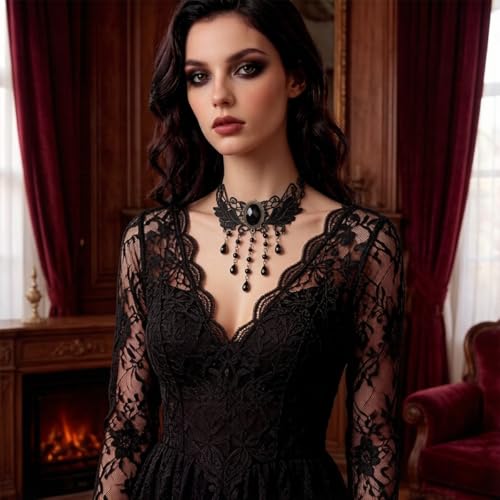 Goth Black Lace Choker Necklace for Women Gothic Vampire Necklace Halloween Victorian Dress Costume Accessories - color: Black