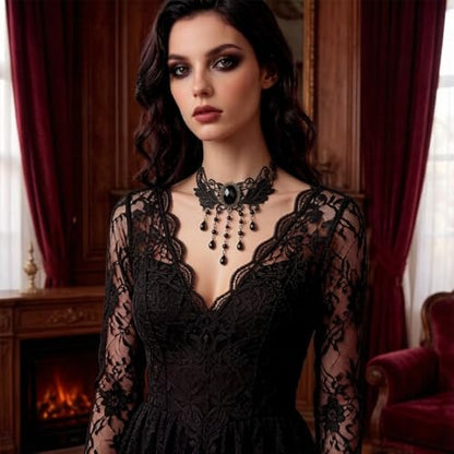 Goth Black Lace Choker Necklace for Women Gothic Vampire Necklace Halloween Victorian Dress Costume Accessories - color: Black