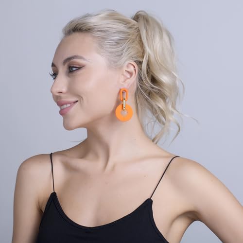 RUOFFETA Acrylic Rectangle Earrings, Fashion Acrylic Square/Oval/Hoop Statement Drop Earrings for Women - color: Orange Round