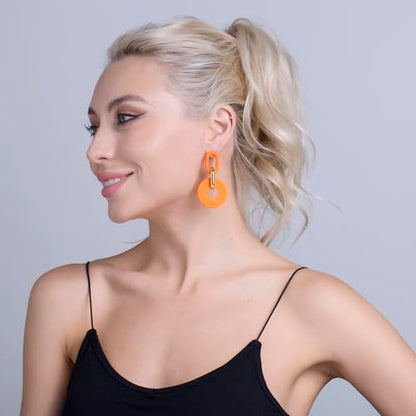 RUOFFETA Acrylic Rectangle Earrings, Fashion Acrylic Square/Oval/Hoop Statement Drop Earrings for Women - color: Orange Round
