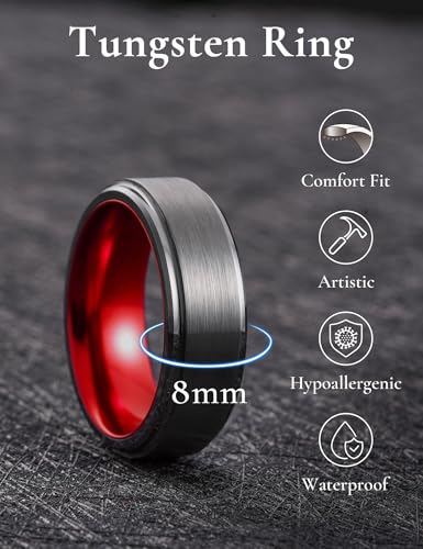 King Will Mens Brushed Wedding Band, Two Tone Matte Step Edges/Pipe Cut, Tungsten Carbide Anniversary Promise Rings Comfort Fit - color: Silver&Red-8mm