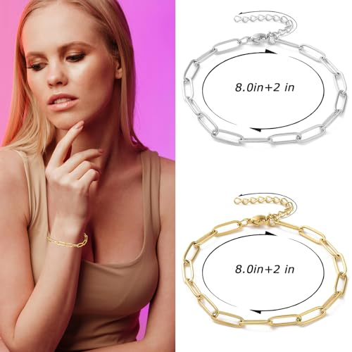 Exway 10 Pcs Paperclip Charm Bracelets Chain 8.0 Inch Stainless Steel Gold Chain Bracelets Kit with Lobster Clasps for Crafts DIY Women Jewelry Making - color: gold style B, size: 8.0in