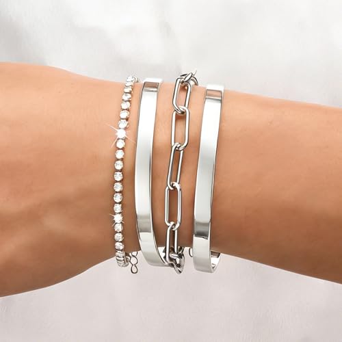 Gold Bracelets Stack Jewelry for Women Non Tarnish Waterproof | 14K Gold Plated Bangle Cuff Bracelet Set Accessories - color: Silver, style: Style B