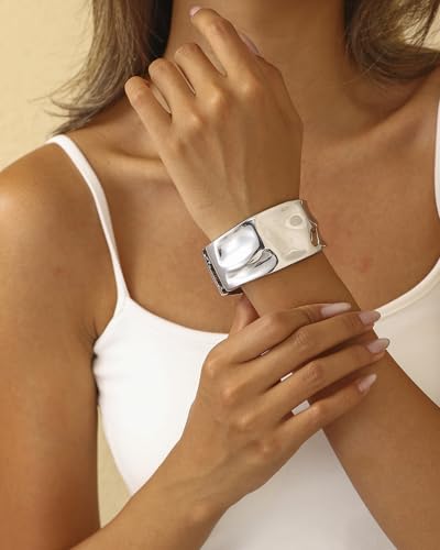 Bangle Bracelets for Women | 14K Gold Plated Trendy Wide Bracelets | Hinged Arm Cuff Bangles Chunky Bracelet for Women - color: Style B-Silver Plated Bangles