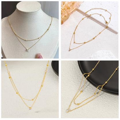 Double-Layer Cubic Zirconia Pendant Necklace For Women 18K Gold Plated Cubic Zirconia Necklaces Layered Wearing Gold Chains Dainty Chokers