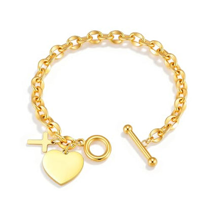 Gamtic Personalized Charm Bracelet for Women, Gold Bracelet with Cross Heart Charms, Bible Verse Christian Bracelet, Custom Engraved Stainless Steel Ot Clasp Bracelet, Faith Gifts Jewelry for Her - color: Custom Both Sides