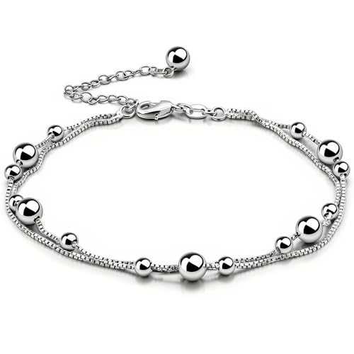 925 Sterling Silver Double Layer Box Chain Beaded Anklet | Italian Style Chain, Dual-purpose Anklet/Bracelet with Lobster Clasp, Adjustable Up to 11 Inches for Women