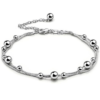 925 Sterling Silver Double Layer Box Chain Beaded Anklet | Italian Style Chain, Dual-purpose Anklet/Bracelet with Lobster Clasp, Adjustable Up to 11 Inches for Women